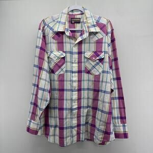 VTG Panhandle Slim Pearl Snap Western Shirt Mens 17.5 x 36 Purple White Plaid LS